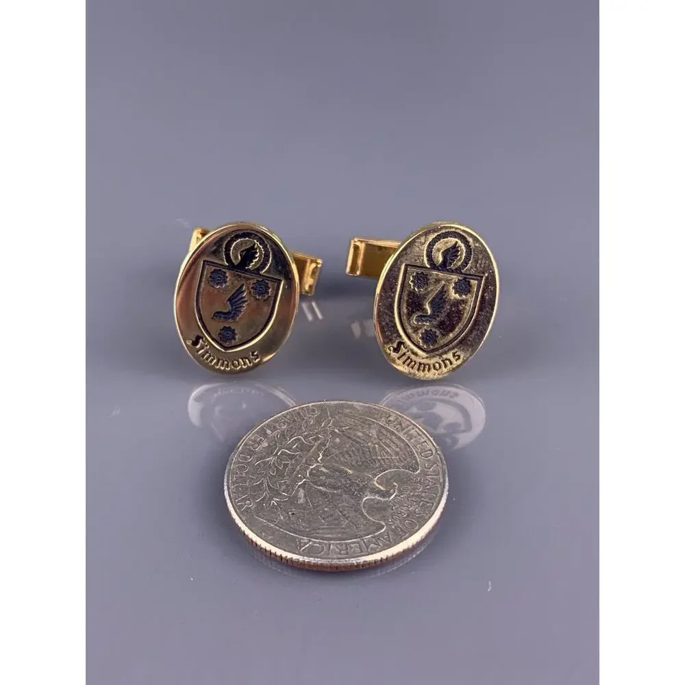 Simmons Family Crest Cufflinks Tie Clip Gold Tone Wing Rose Shield Heraldic VTG